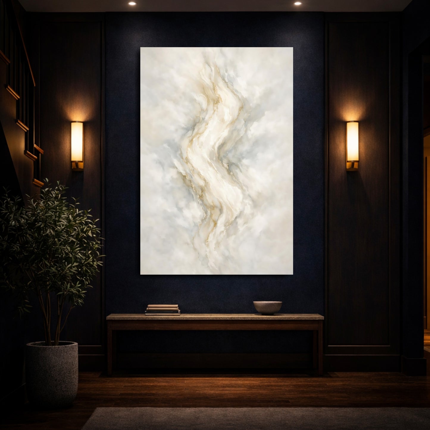 Mockup 3. Abstract Marble Texture Beige Gold Abstract shown as stretched canvas wall art