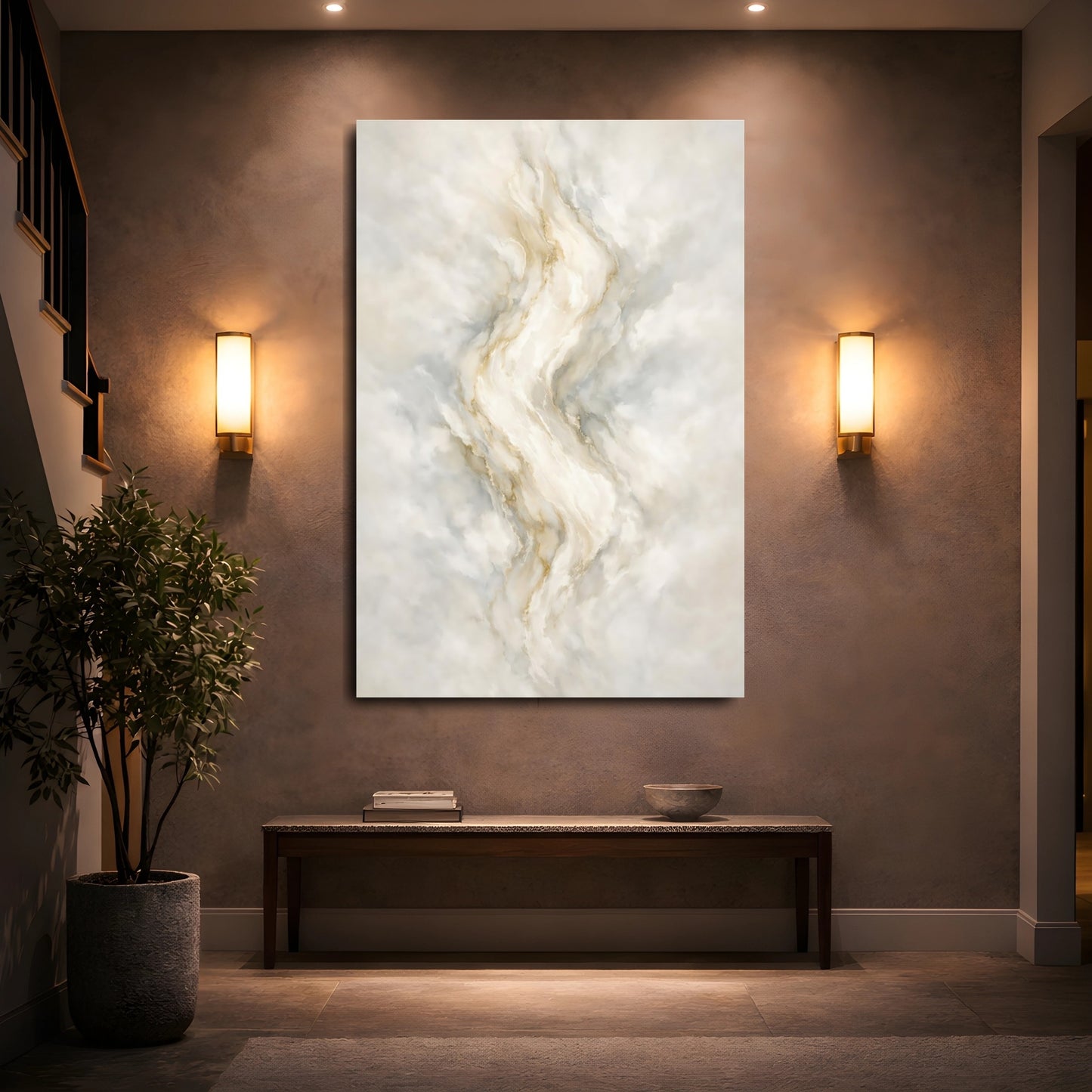 Mockup 4. Abstract Marble Texture Beige Gold Abstract shown as stretched canvas wall art