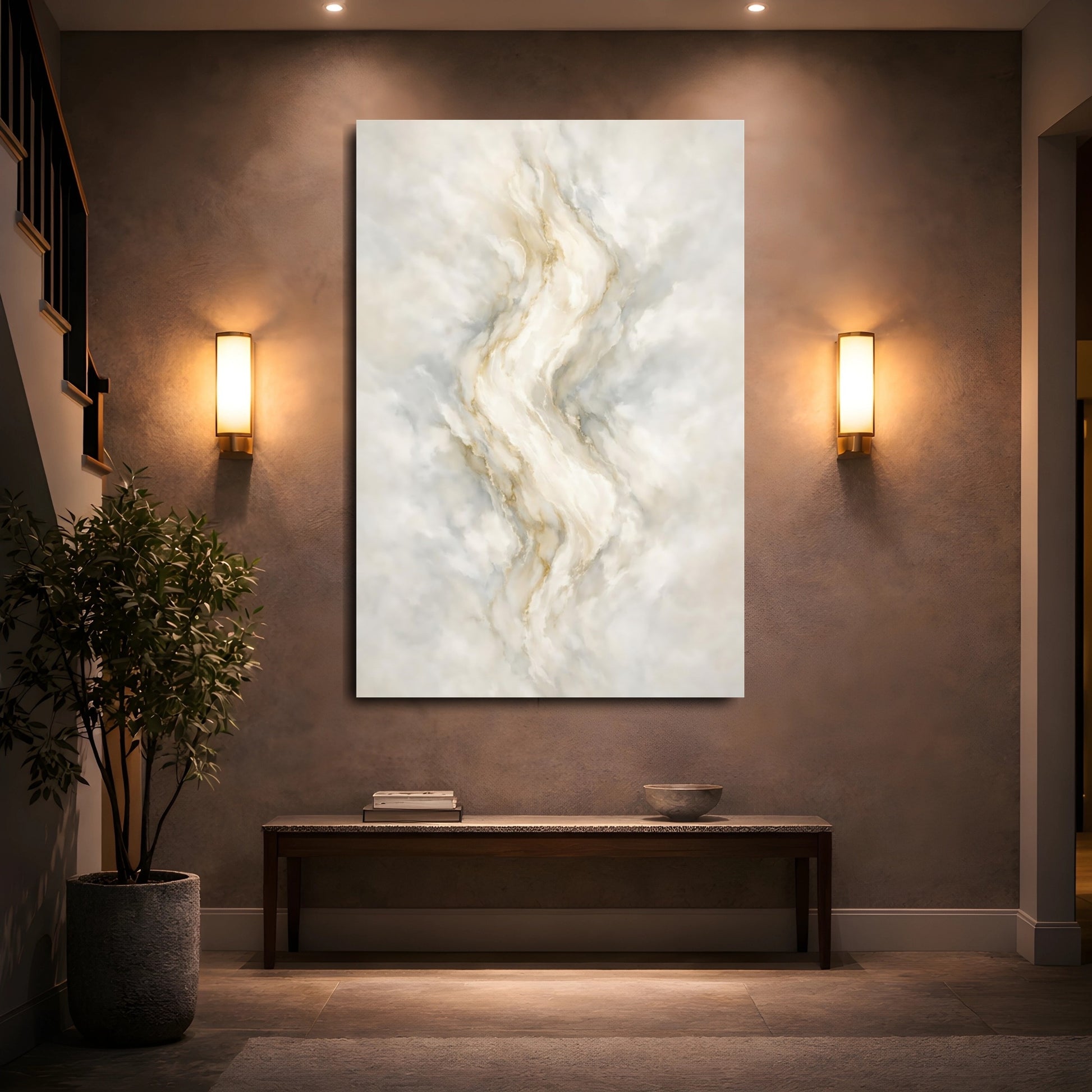 Mockup 4. Abstract Marble Texture Beige Gold Abstract shown as stretched canvas wall art