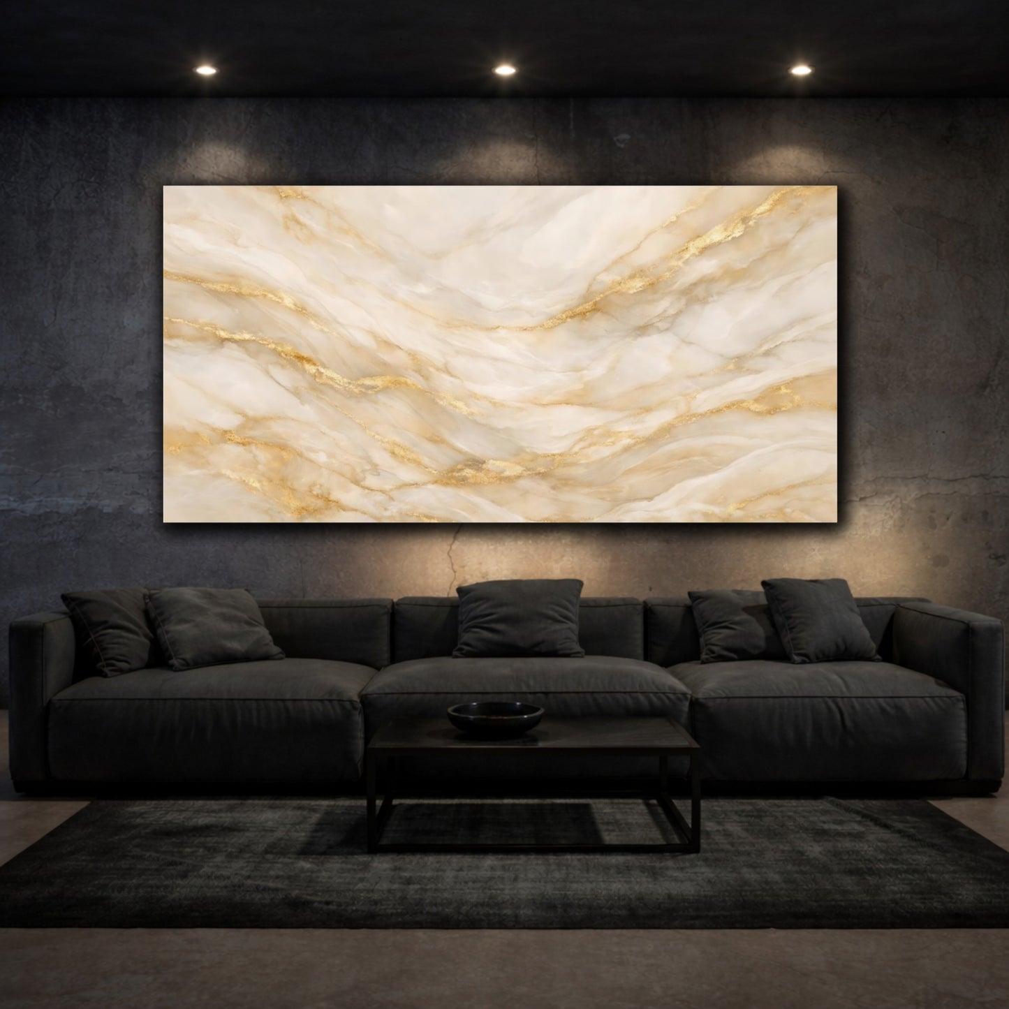 Mockup 2. Abstract Marble Texture Beige Gold Marble shown as stretched canvas wall art