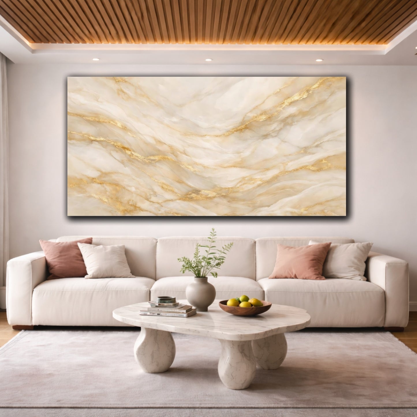 Mockup 3. Abstract Marble Texture Beige Gold Marble shown as stretched canvas wall art
