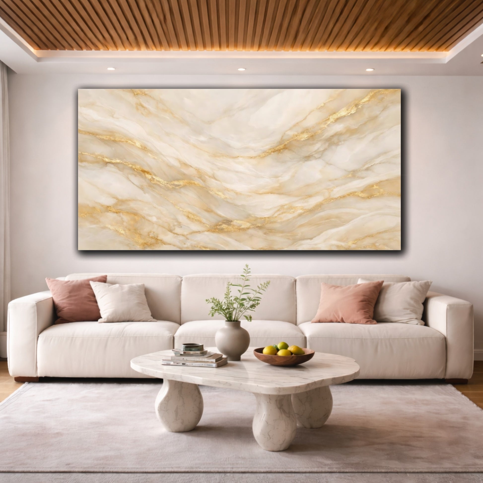 Mockup 3. Abstract Marble Texture Beige Gold Marble shown as stretched canvas wall art