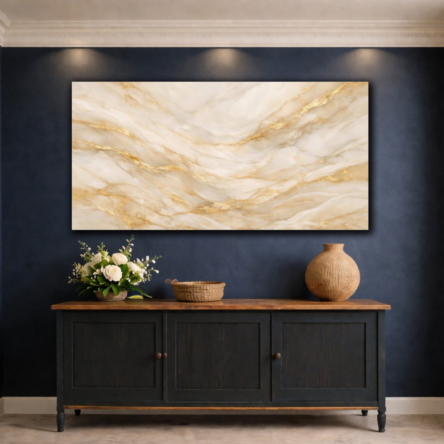 Mockup 4. Abstract Marble Texture Beige Gold Marble shown as stretched canvas wall art