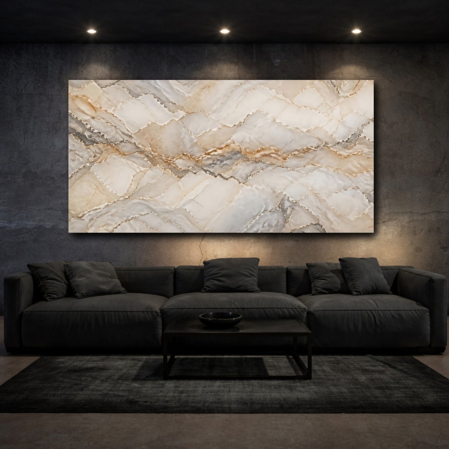 Mockup 2. Abstract Marble Texture Beige Grey Marble shown as stretched canvas wall art