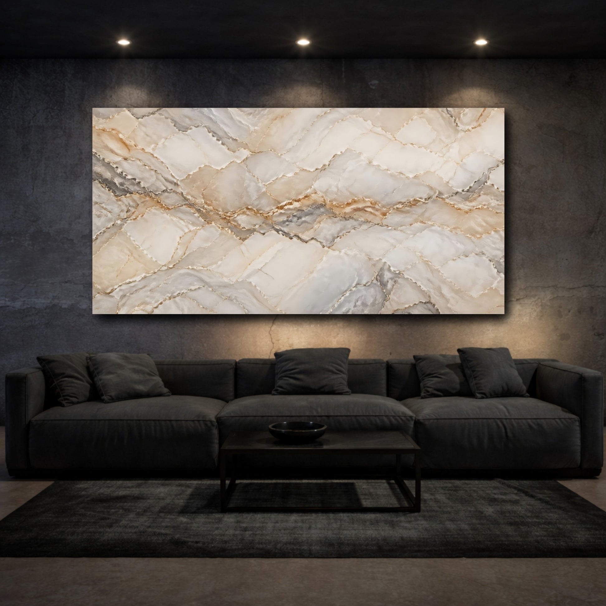 Mockup 2. Abstract Marble Texture Beige Grey Marble shown as stretched canvas wall art