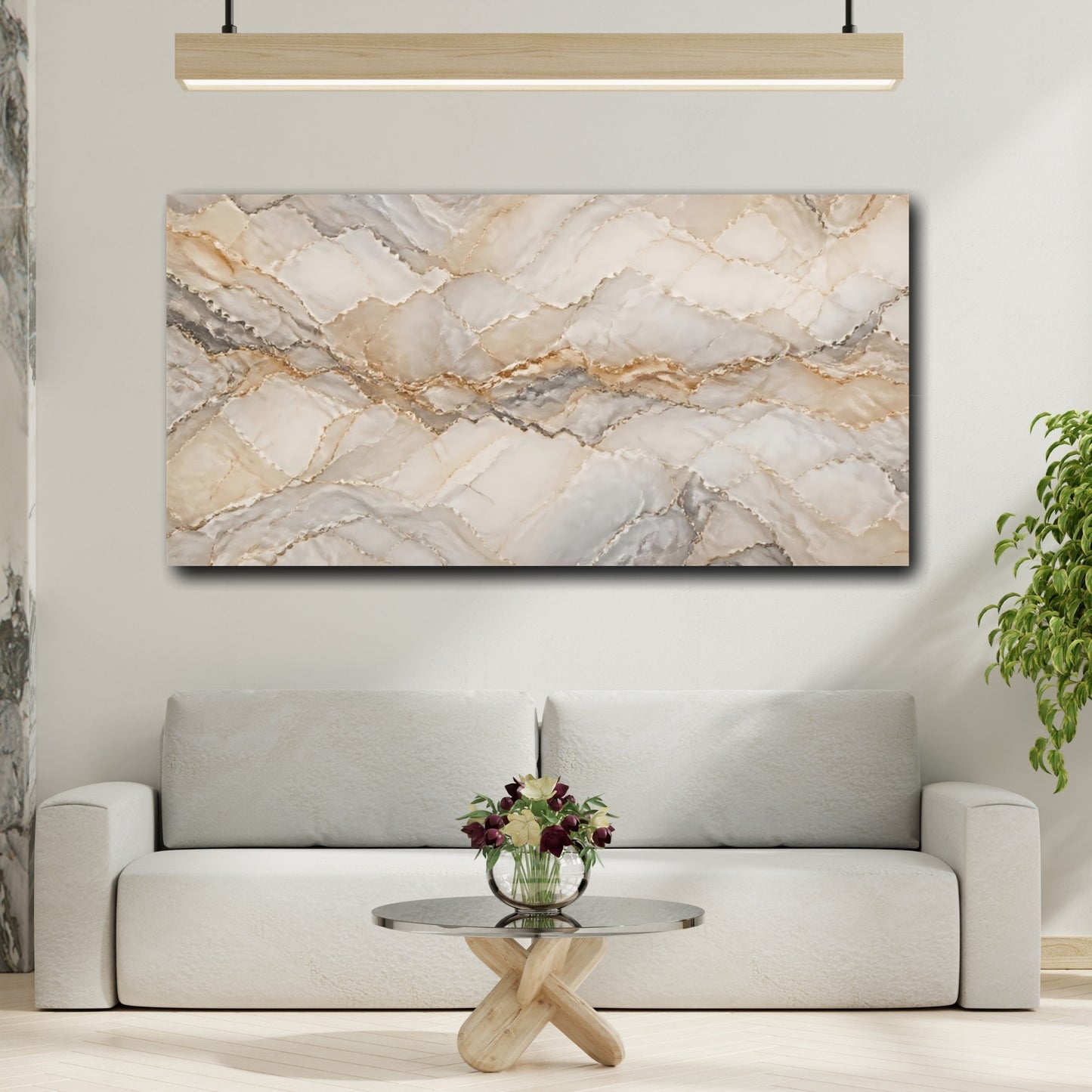 Mockup 3. Abstract Marble Texture Beige Grey Marble shown as stretched canvas wall art