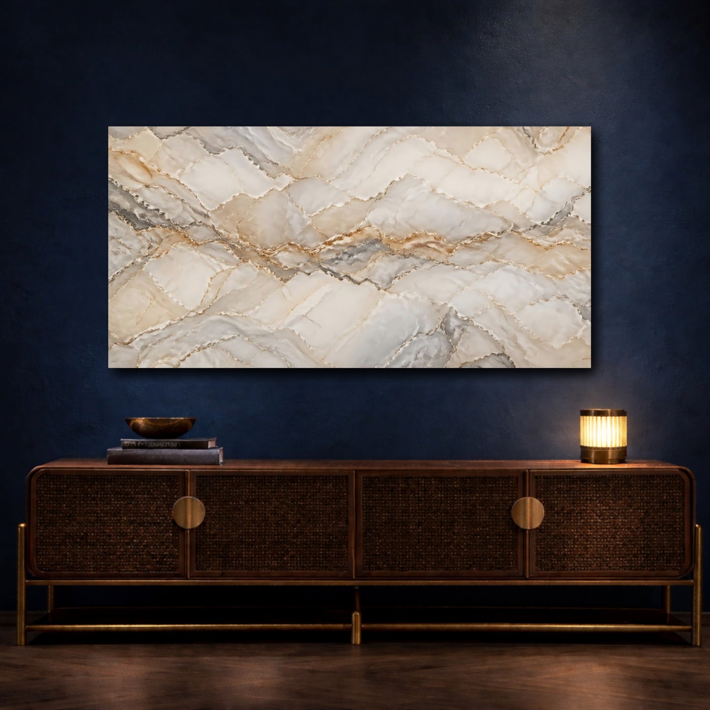 Mockup 4. Abstract Marble Texture Beige Grey Marble shown as stretched canvas wall art