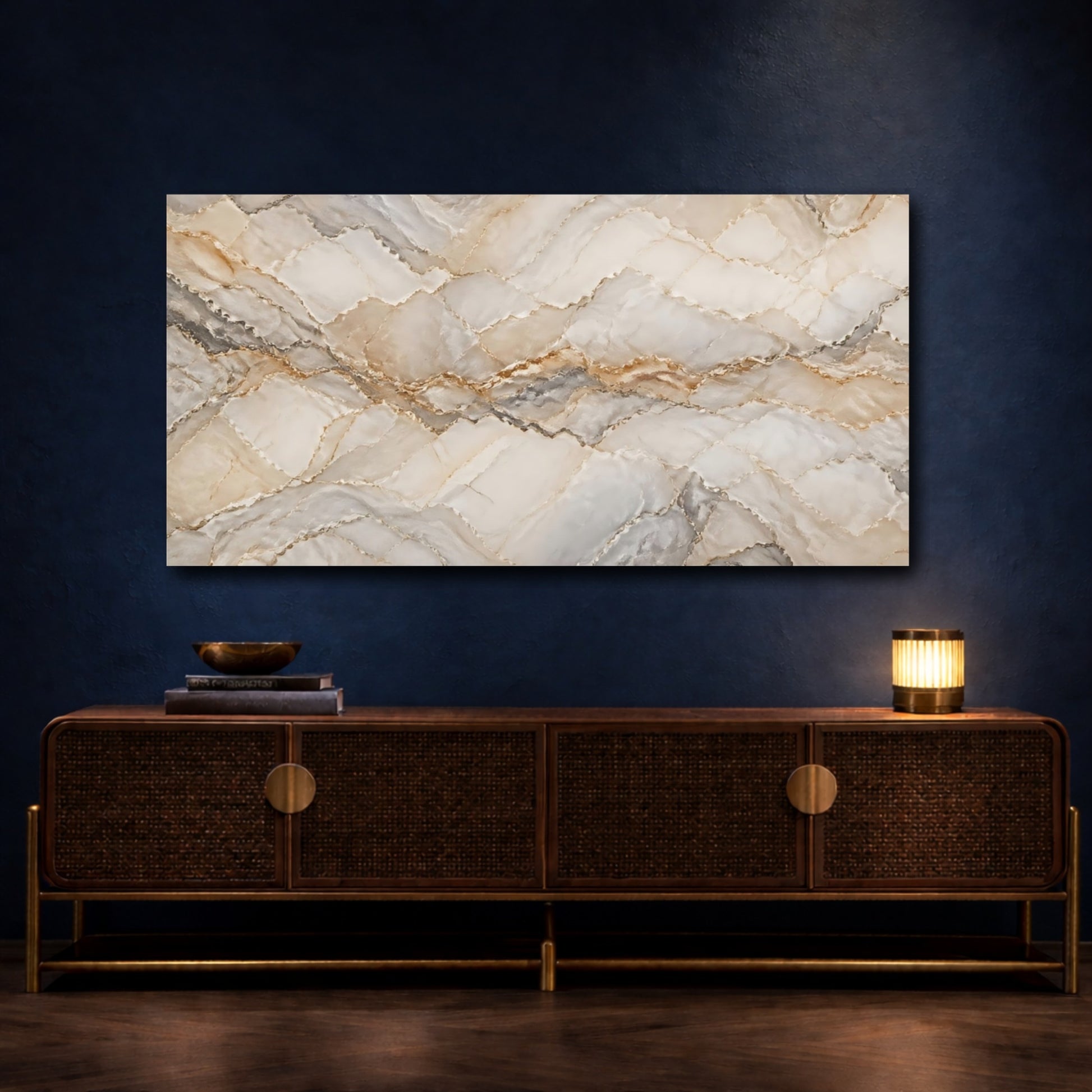 Mockup 4. Abstract Marble Texture Beige Grey Marble shown as stretched canvas wall art