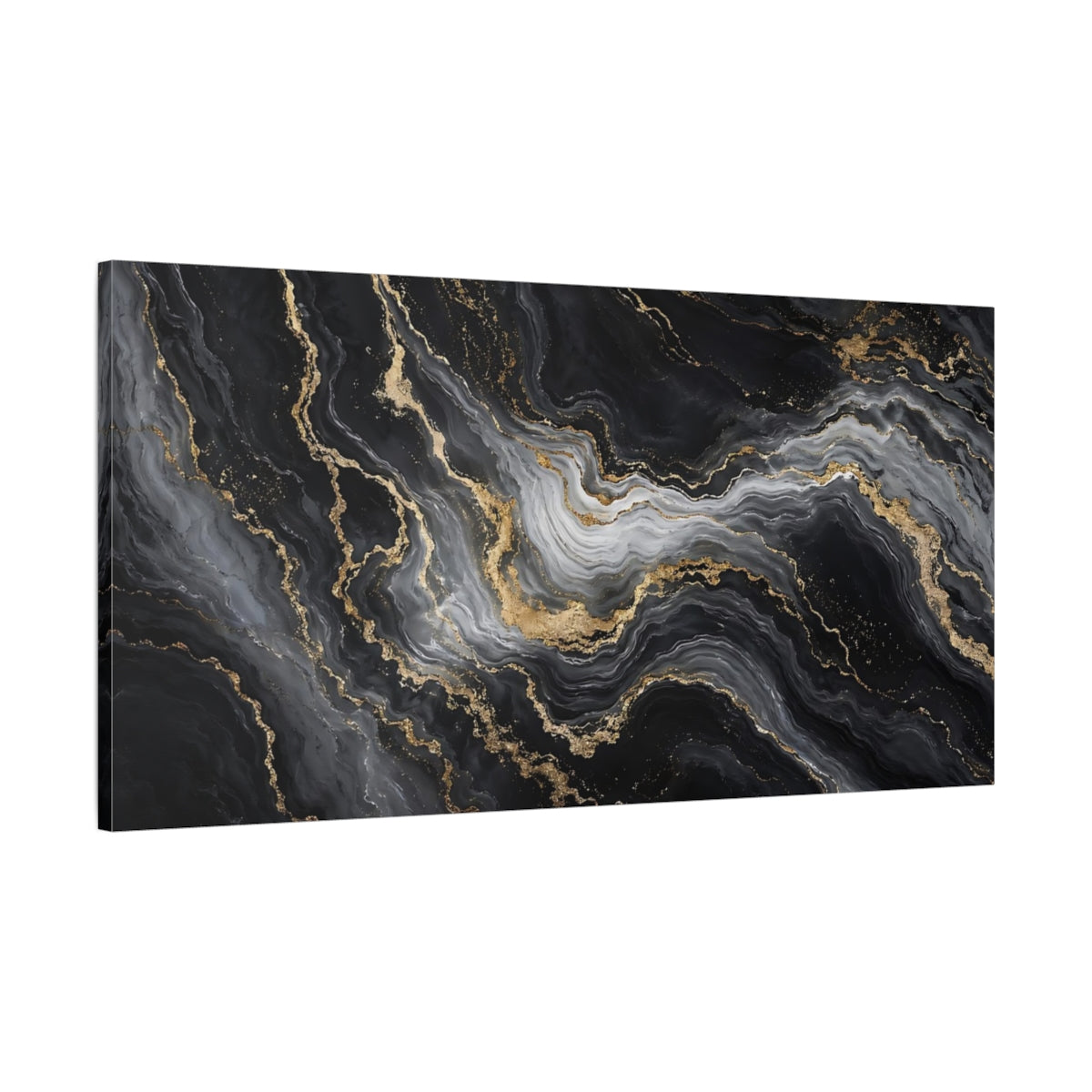Main Mockup. Abstract Marble Texture Black And Gold shown as stretched canvas wall art