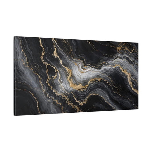 Main Mockup. Abstract Marble Texture Black And Gold shown as stretched canvas wall art