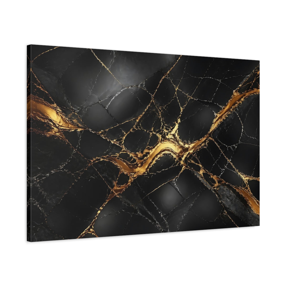 Main Mockup. Abstract Marble Texture Black And Gold shown as stretched canvas wall art