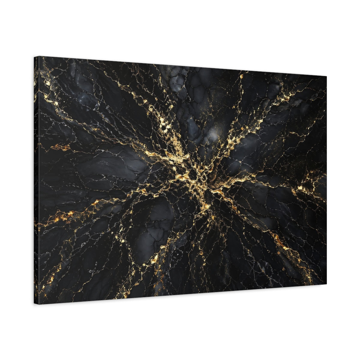 Main Mockup. Abstract Marble Texture Black And Gold shown as stretched canvas wall art