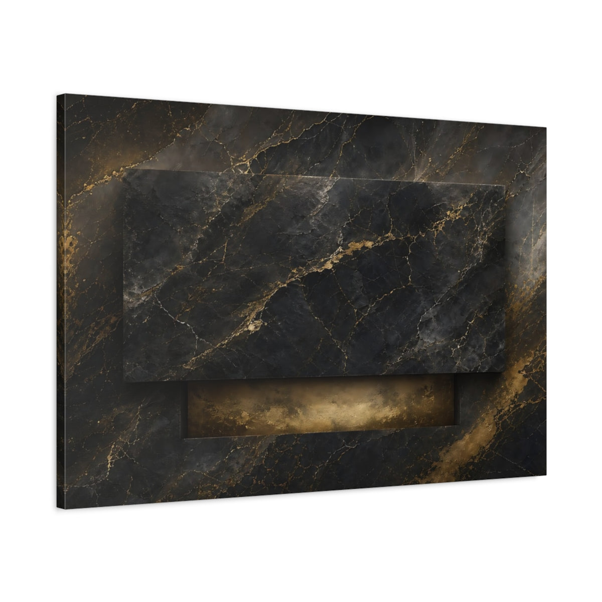 Main Mockup. Abstract Marble Texture Black And Gold shown as stretched canvas wall art