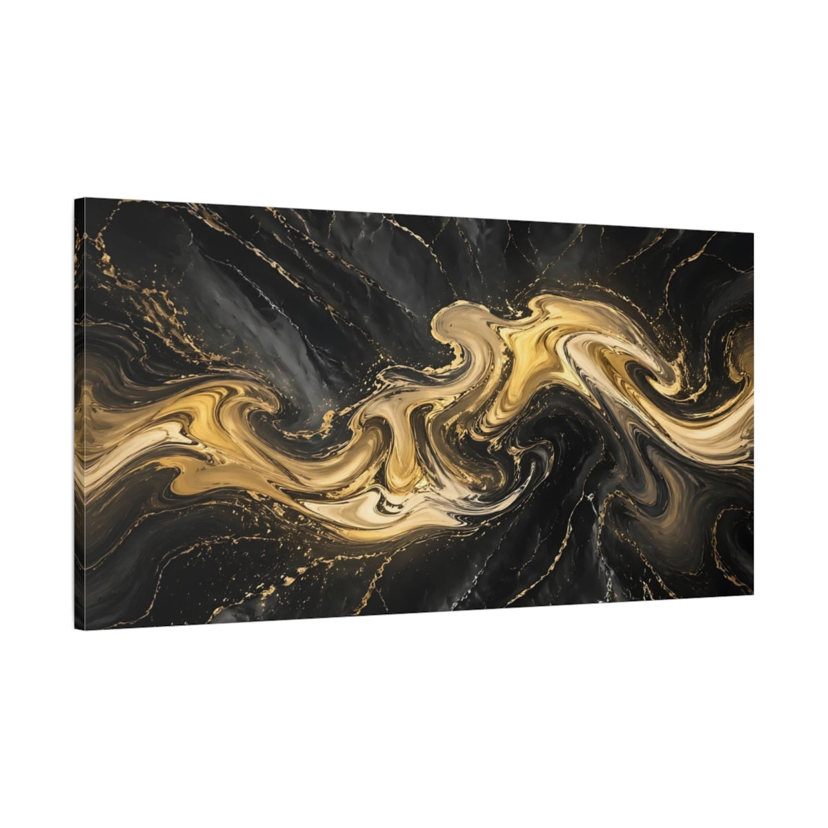 Main Mockup. Abstract Marble Texture Black And Gold shown as stretched canvas wall art