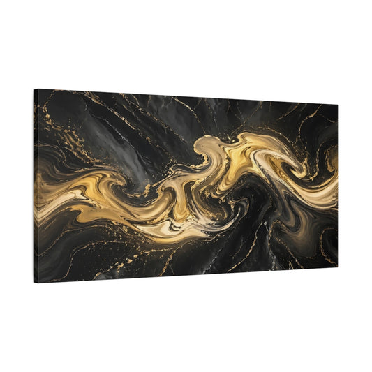 Main Mockup. Abstract Marble Texture Black And Gold shown as stretched canvas wall art