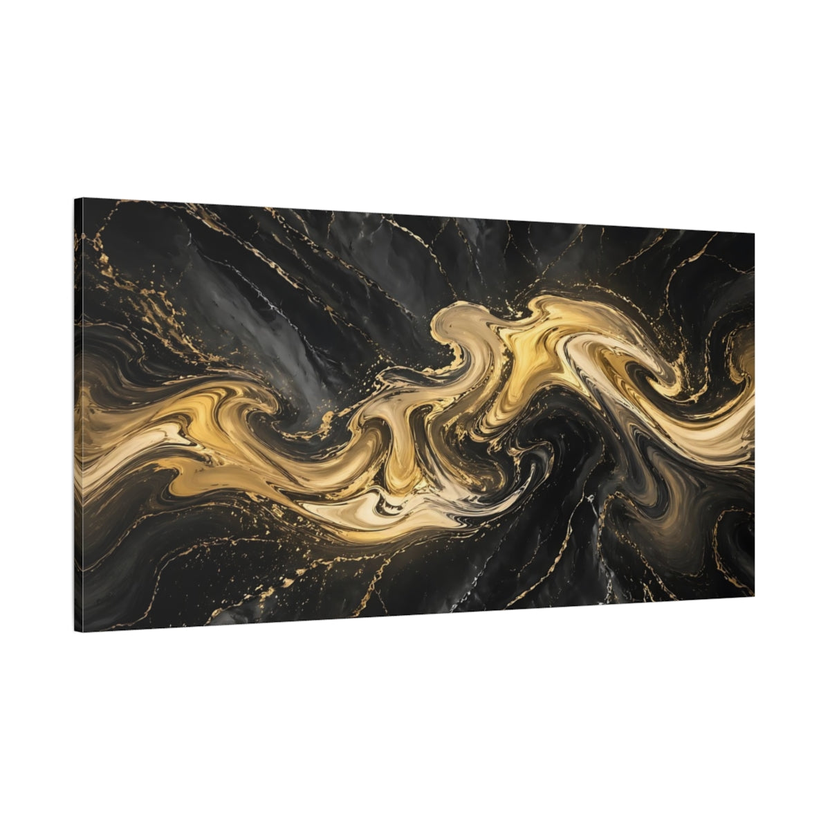 Side Mockup 2. Abstract Marble Texture Black And Gold shown as stretched canvas wall art