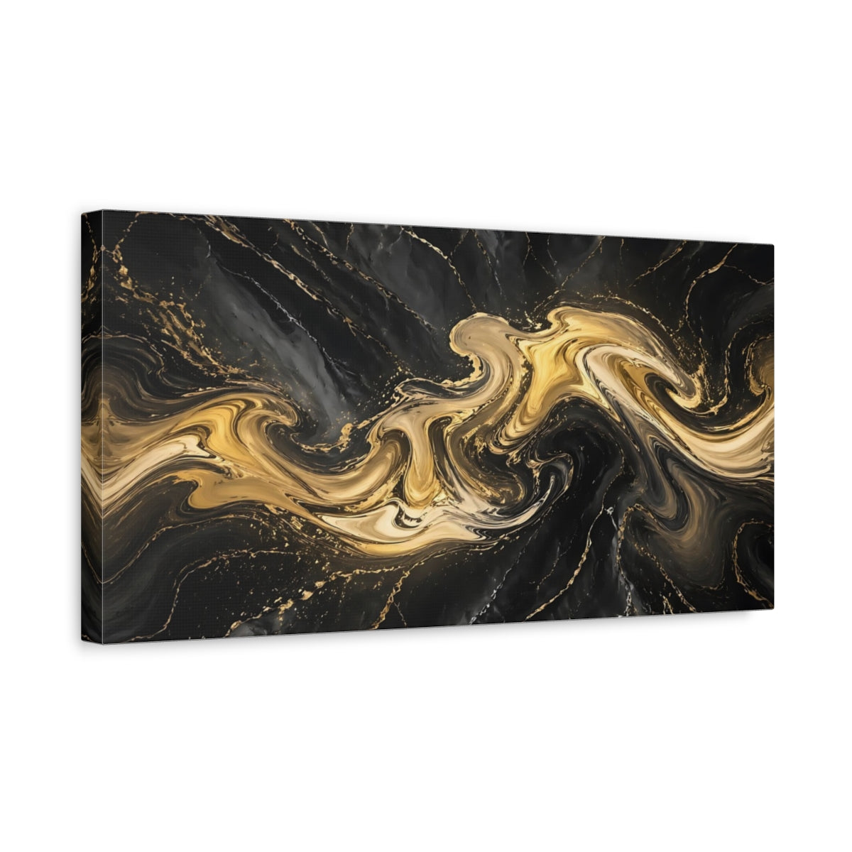 Side Mockup 3. Abstract Marble Texture Black And Gold shown as stretched canvas wall art
