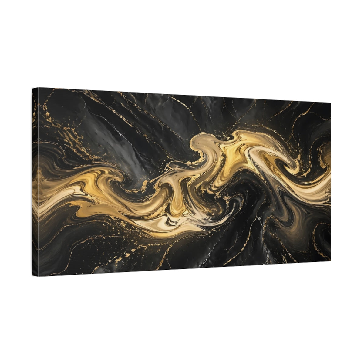 Side Mockup 1. Abstract Marble Texture Black And Gold shown as stretched canvas wall art