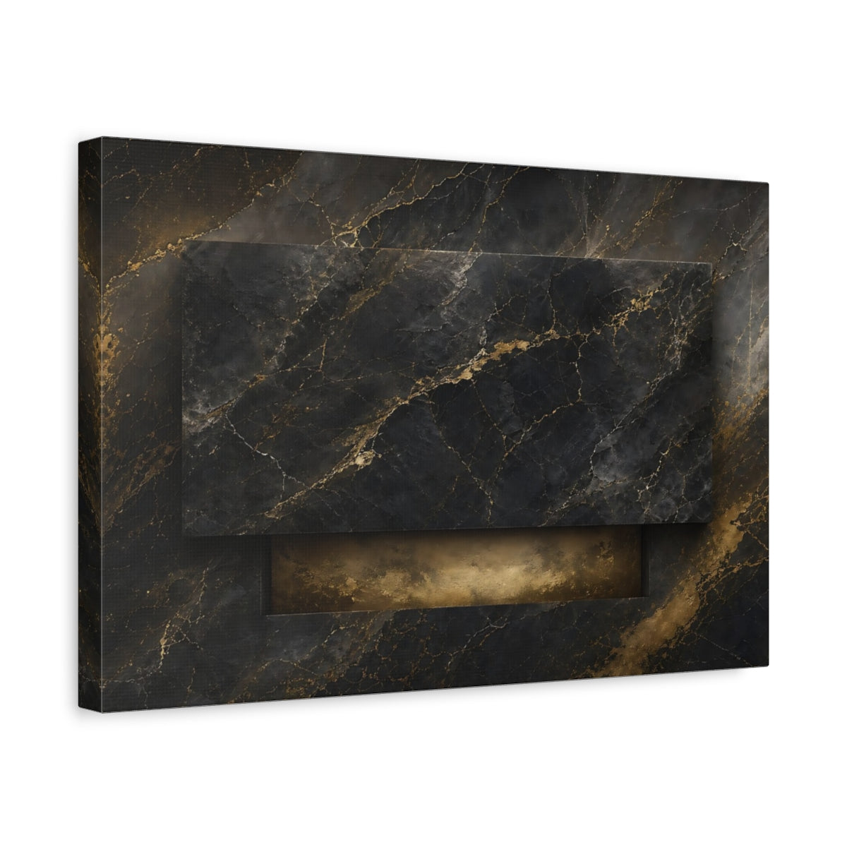 Side Mockup 4. Abstract Marble Texture Black And Gold shown as stretched canvas wall art