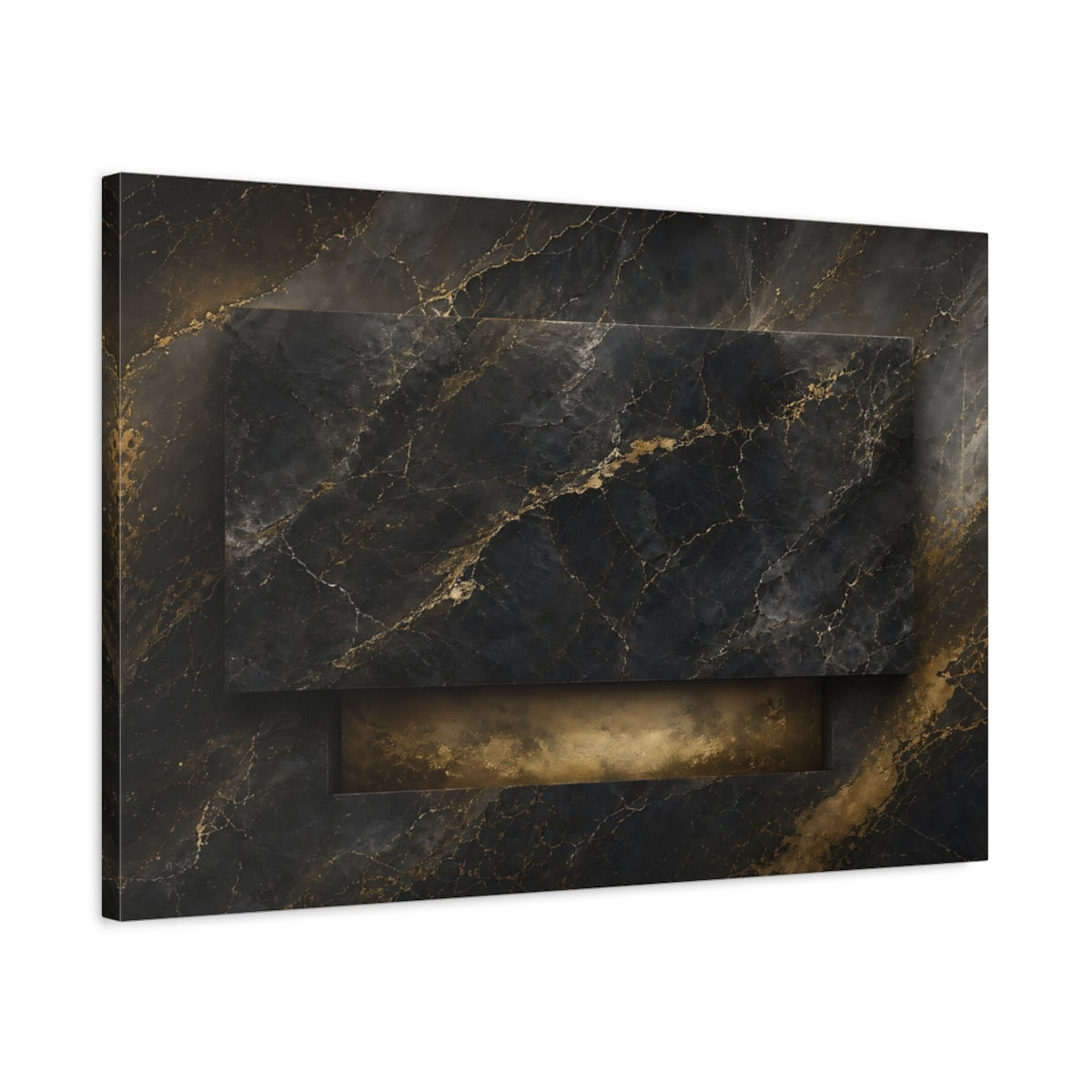 Side Mockup 2. Abstract Marble Texture Black And Gold shown as stretched canvas wall art