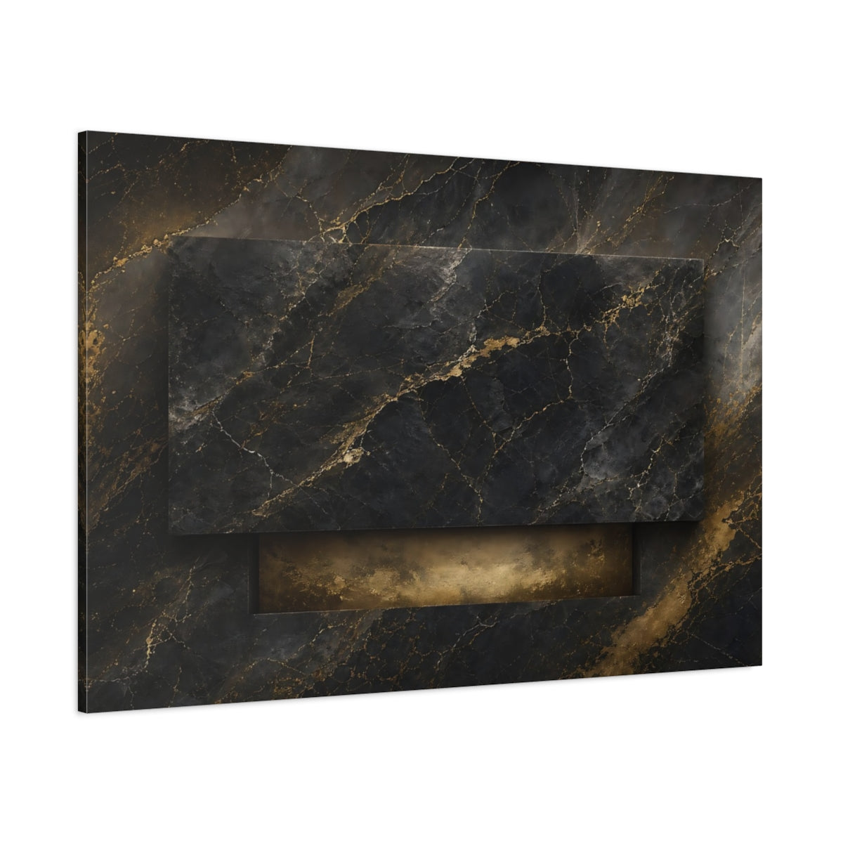 Side Mockup 1. Abstract Marble Texture Black And Gold shown as stretched canvas wall art