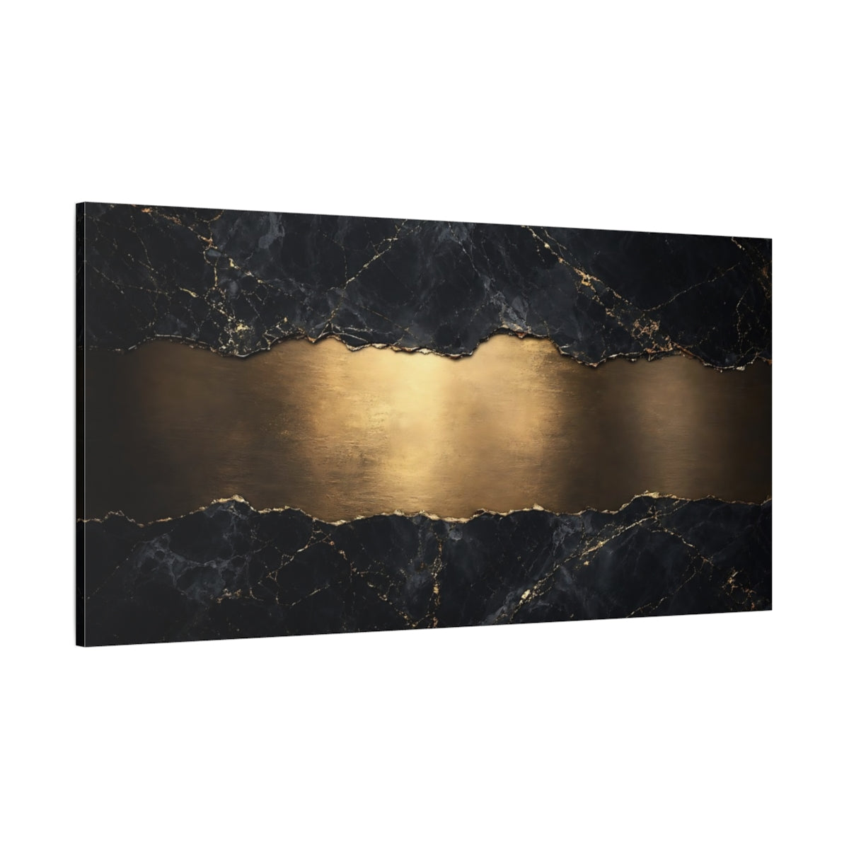 Side Mockup 2. Abstract Marble Texture Black And Gold shown as stretched canvas wall art