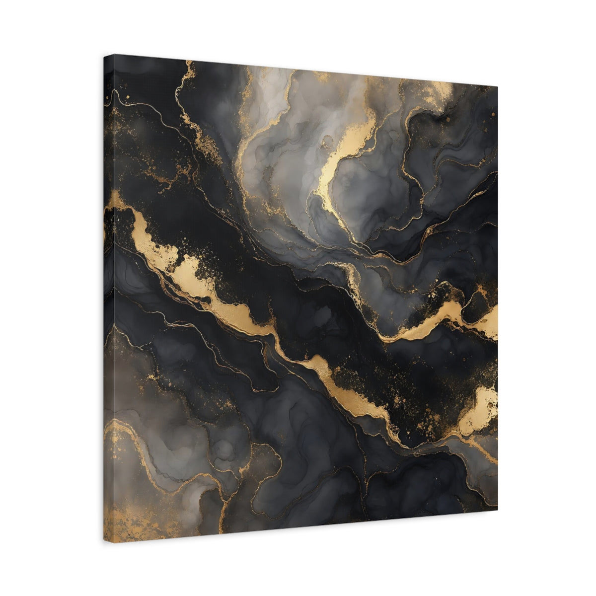 Side Mockup 4. Abstract Marble Texture Black And Gold Marble shown as stretched canvas wall art