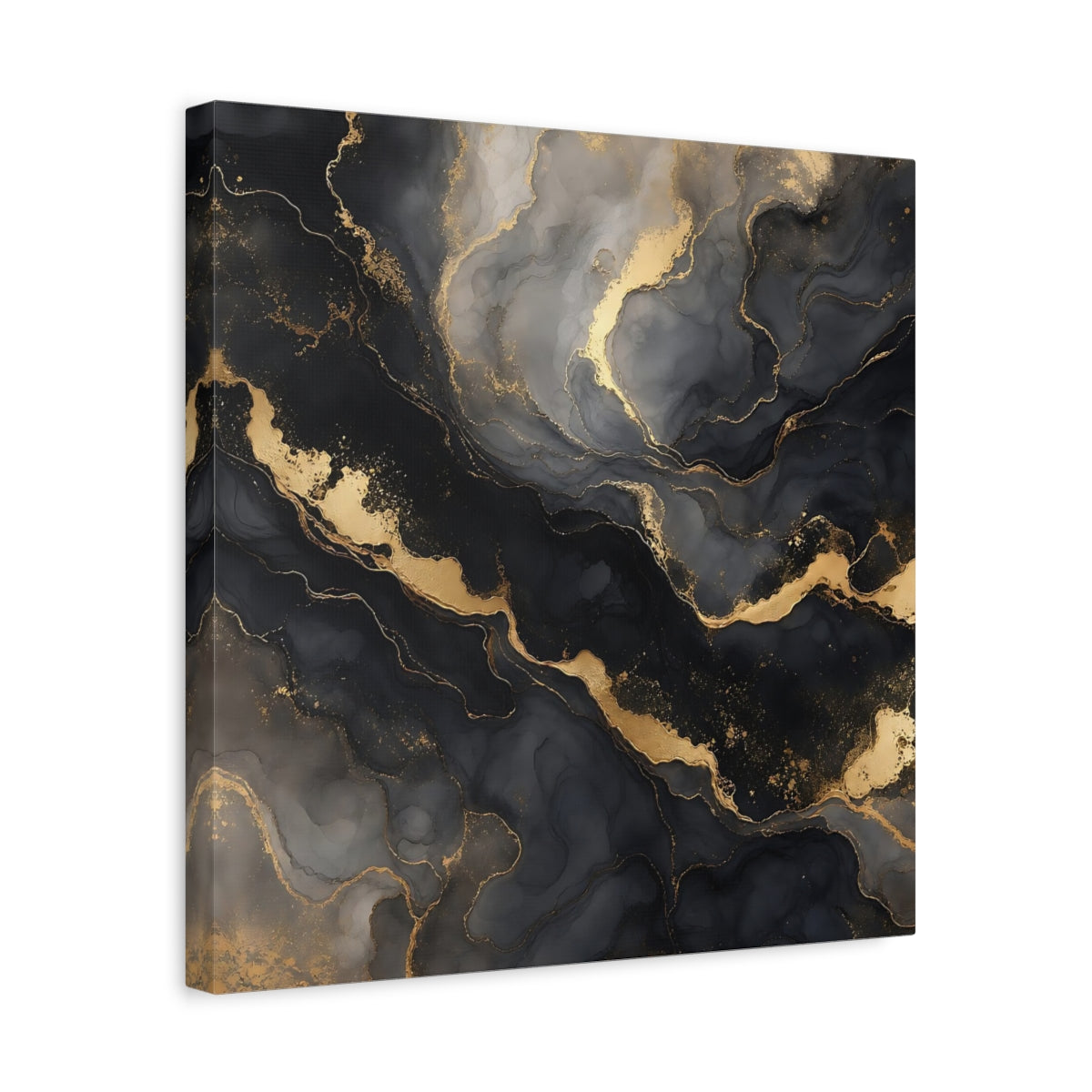 Side Mockup 6. Abstract Marble Texture Black And Gold Marble shown as stretched canvas wall art