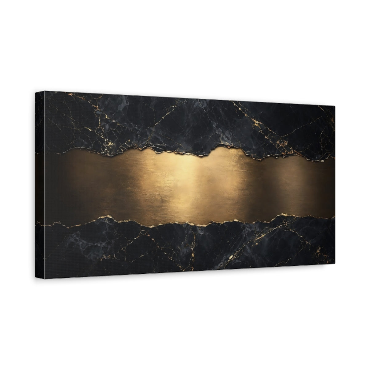 Side Mockup 3. Abstract Marble Texture Black And Gold shown as stretched canvas wall art