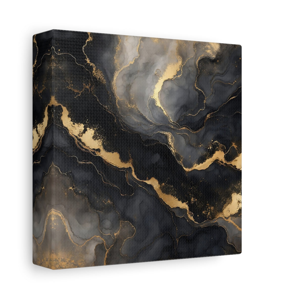 Side Mockup 2. Abstract Marble Texture Black And Gold Marble shown as stretched canvas wall art