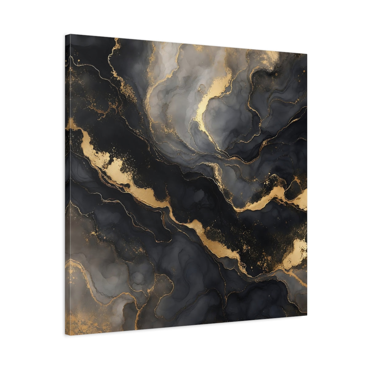 Side Mockup 3. Abstract Marble Texture Black And Gold Marble shown as stretched canvas wall art