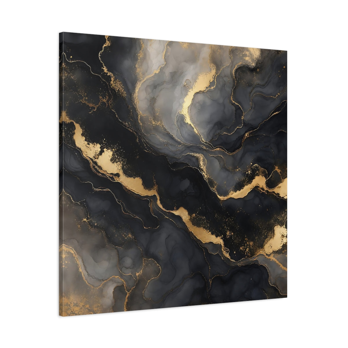 Side Mockup 1. Abstract Marble Texture Black And Gold Marble shown as stretched canvas wall art