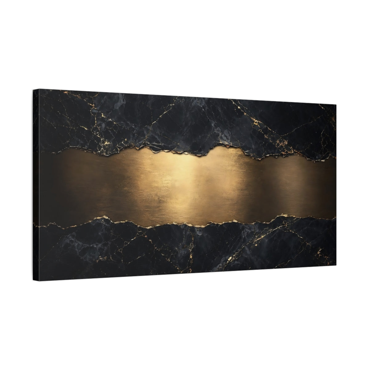 Side Mockup 1. Abstract Marble Texture Black And Gold shown as stretched canvas wall art