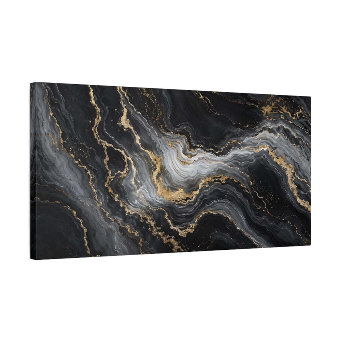 Side Mockup 1. Abstract Marble Texture Black And Gold shown as stretched canvas wall art
