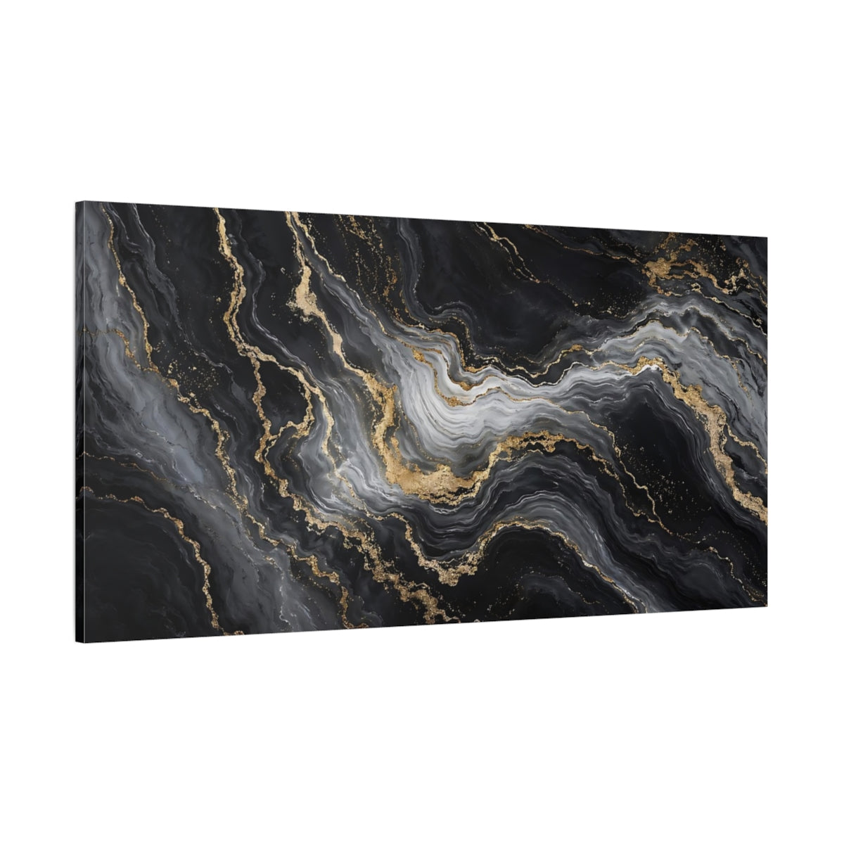 Side Mockup 2. Abstract Marble Texture Black And Gold shown as stretched canvas wall art
