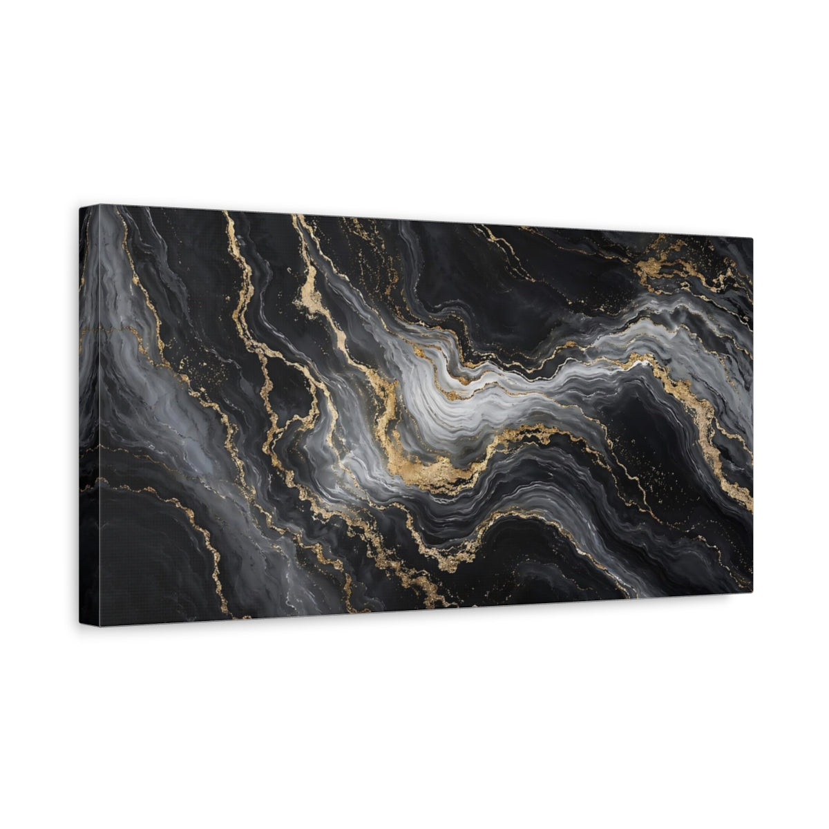 Side Mockup 3. Abstract Marble Texture Black And Gold shown as stretched canvas wall art