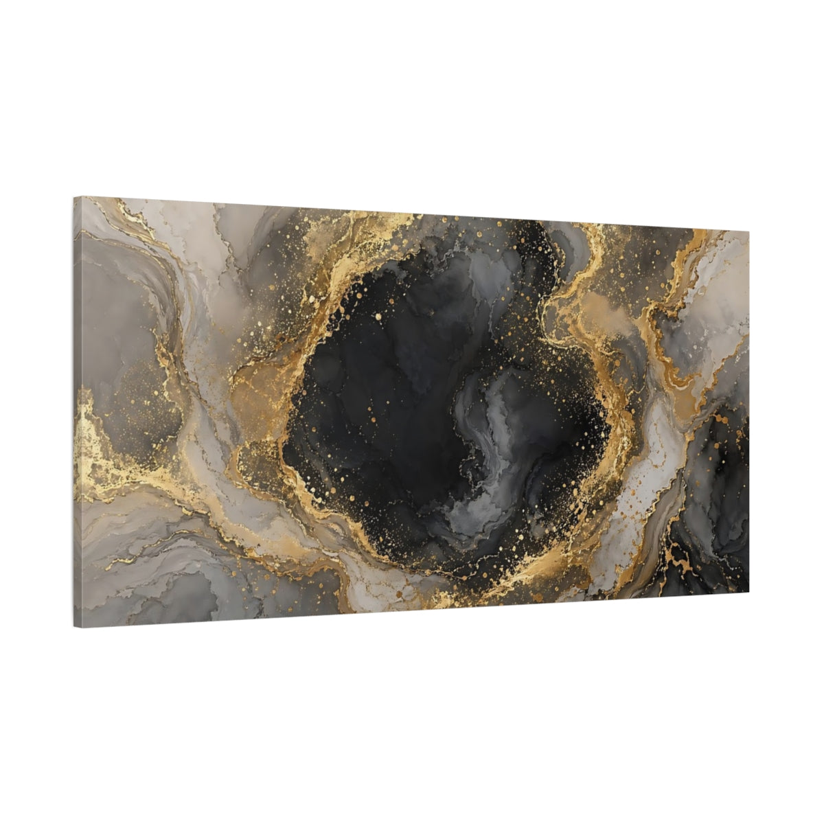 Side Mockup 2. Abstract Marble Texture Black And Gold shown as stretched canvas wall art