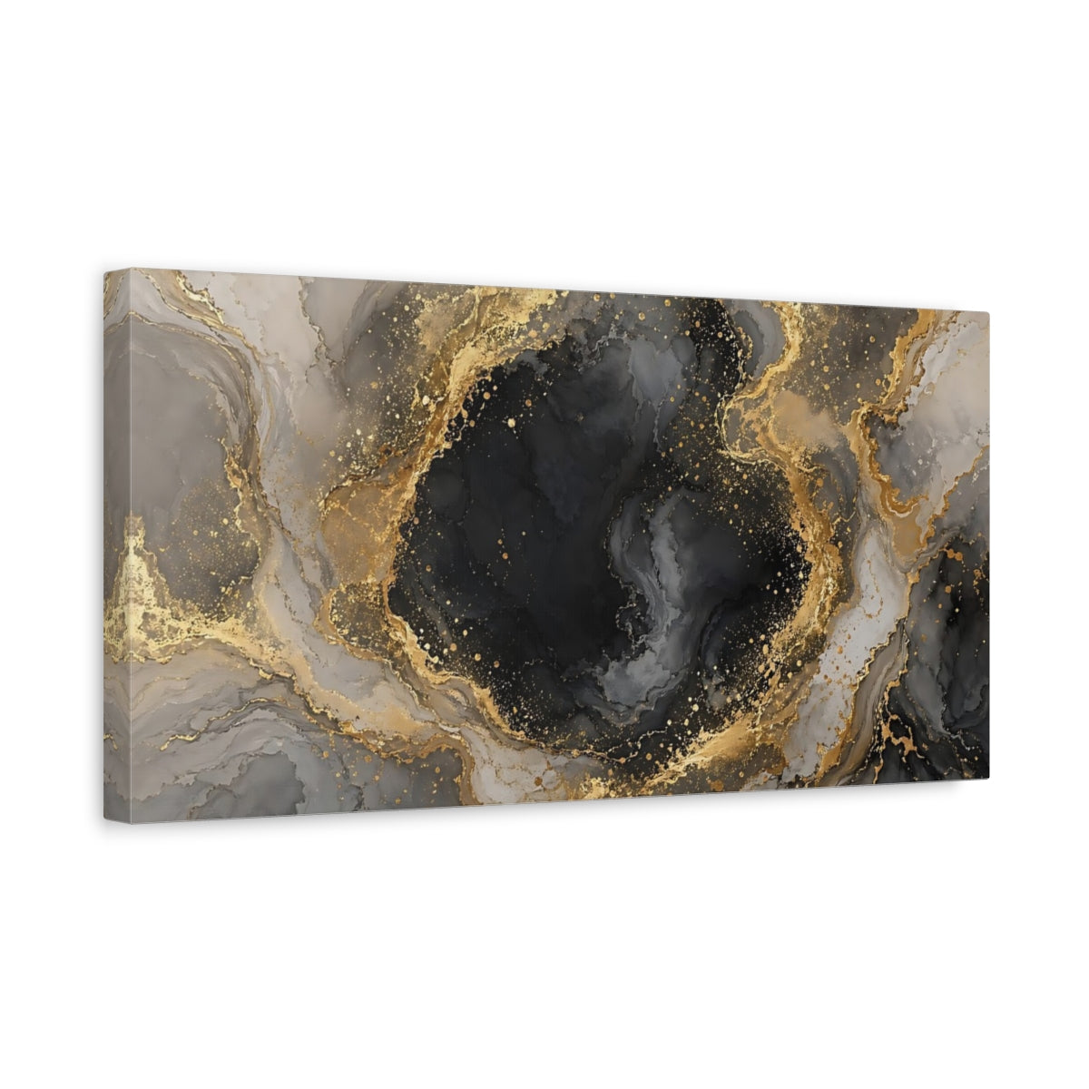 Side Mockup 3. Abstract Marble Texture Black And Gold shown as stretched canvas wall art