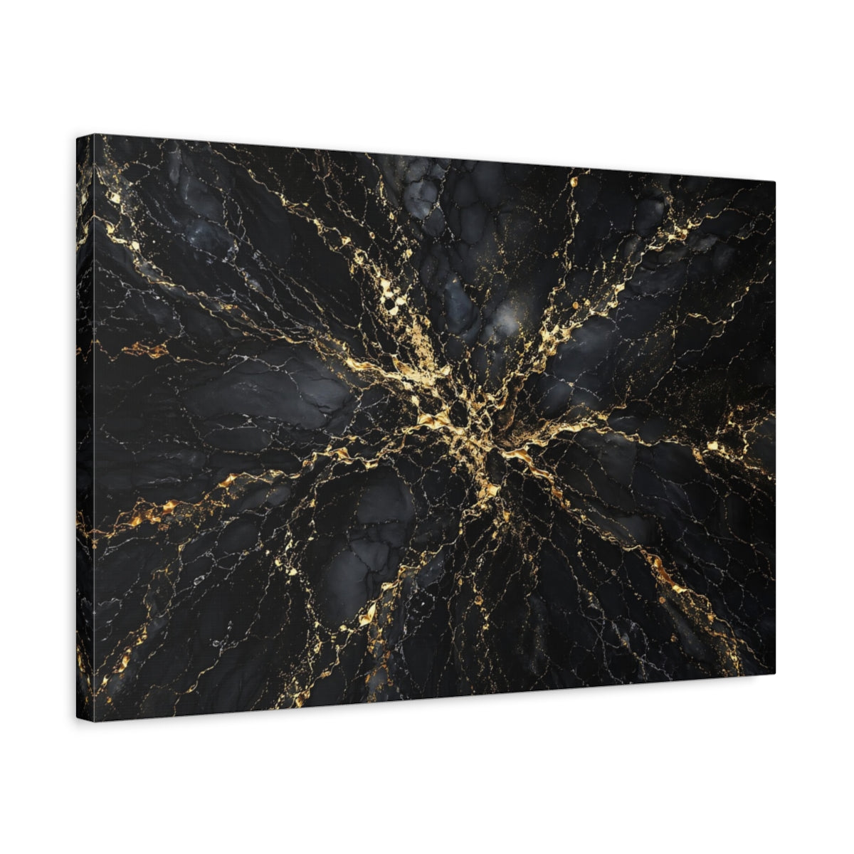 Side Mockup 3. Abstract Marble Texture Black And Gold shown as stretched canvas wall art