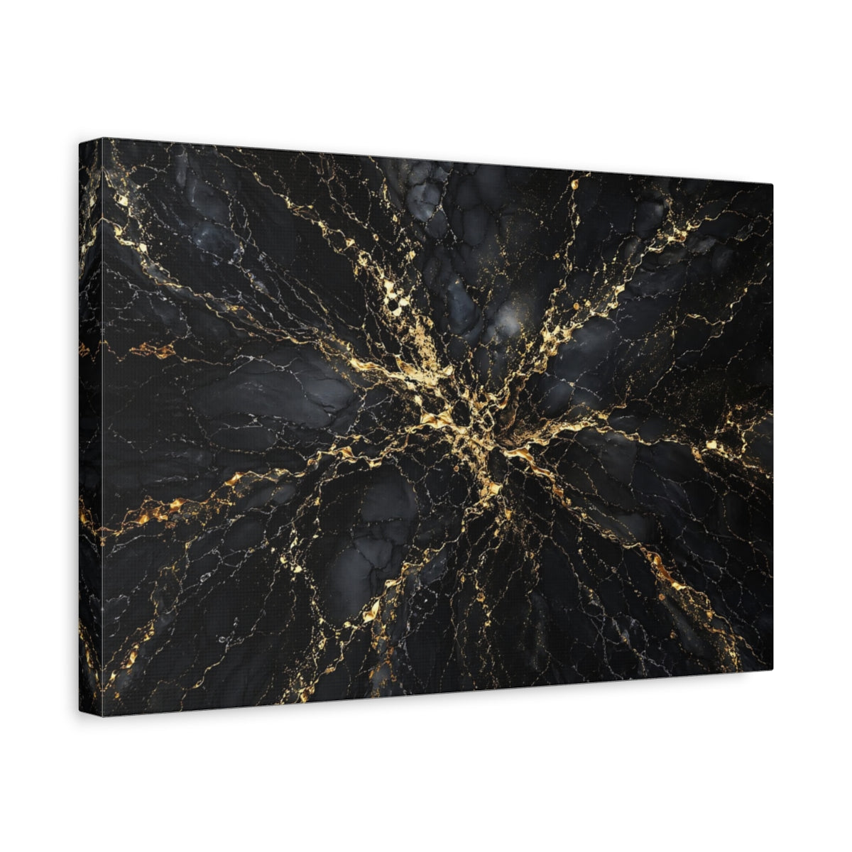 Side Mockup 4. Abstract Marble Texture Black And Gold shown as stretched canvas wall art