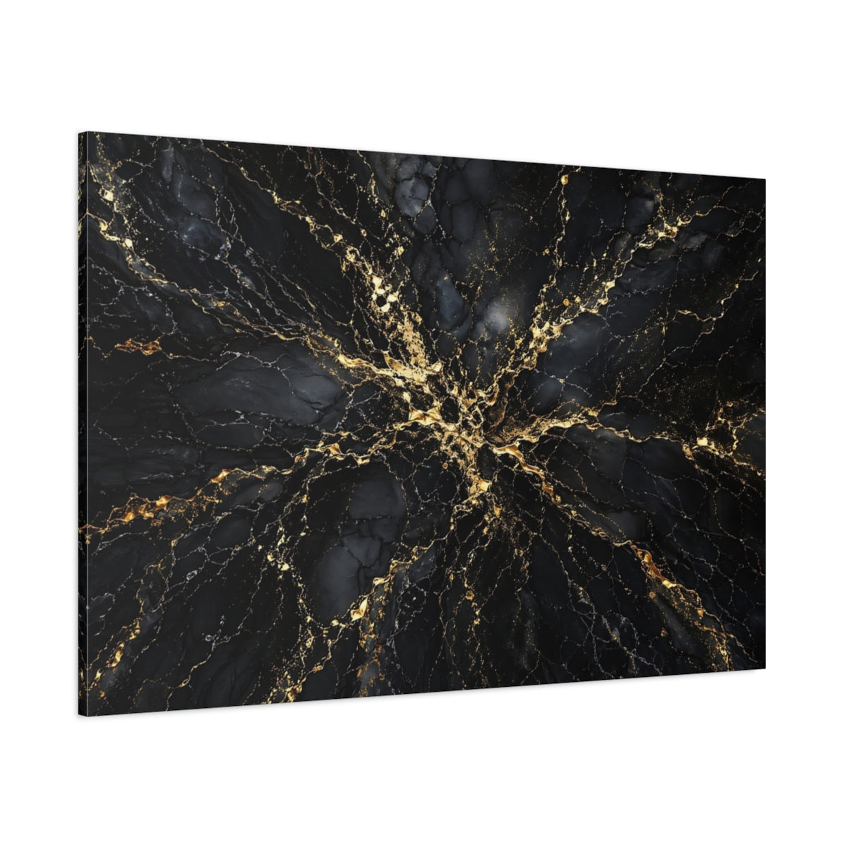 Side Mockup 1. Abstract Marble Texture Black And Gold shown as stretched canvas wall art