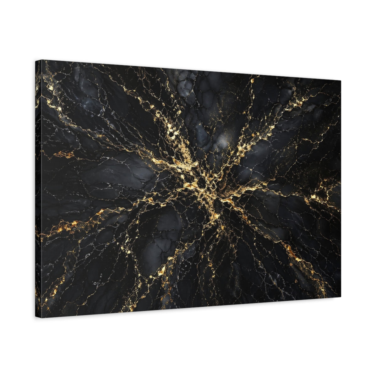 Side Mockup 2. Abstract Marble Texture Black And Gold shown as stretched canvas wall art