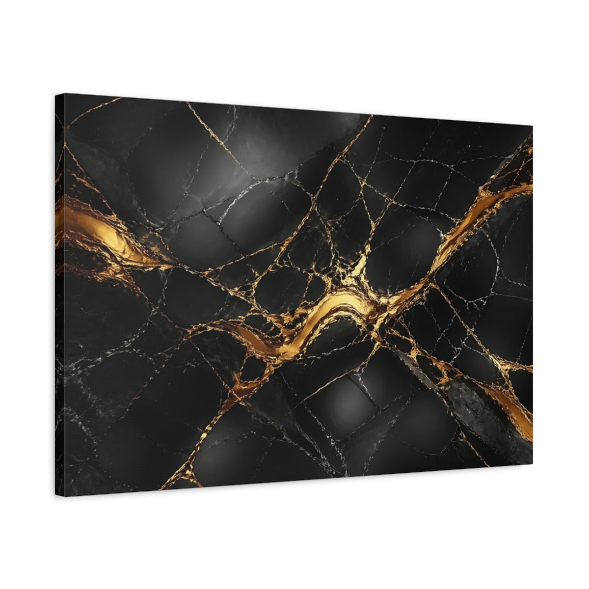 Side Mockup 2. Abstract Marble Texture Black And Gold shown as stretched canvas wall art
