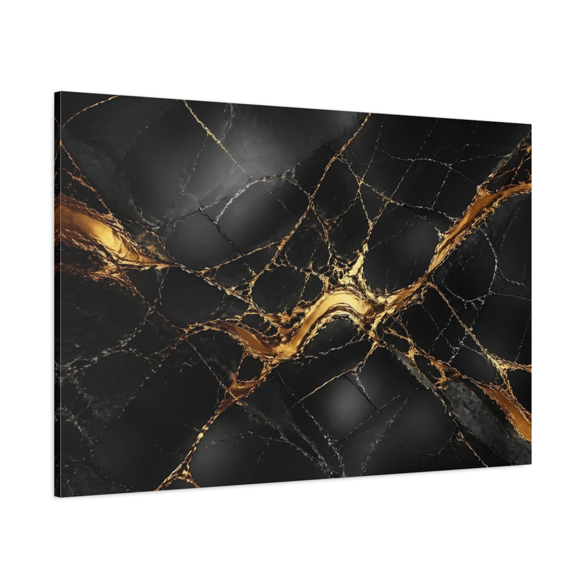 Side Mockup 1. Abstract Marble Texture Black And Gold shown as stretched canvas wall art
