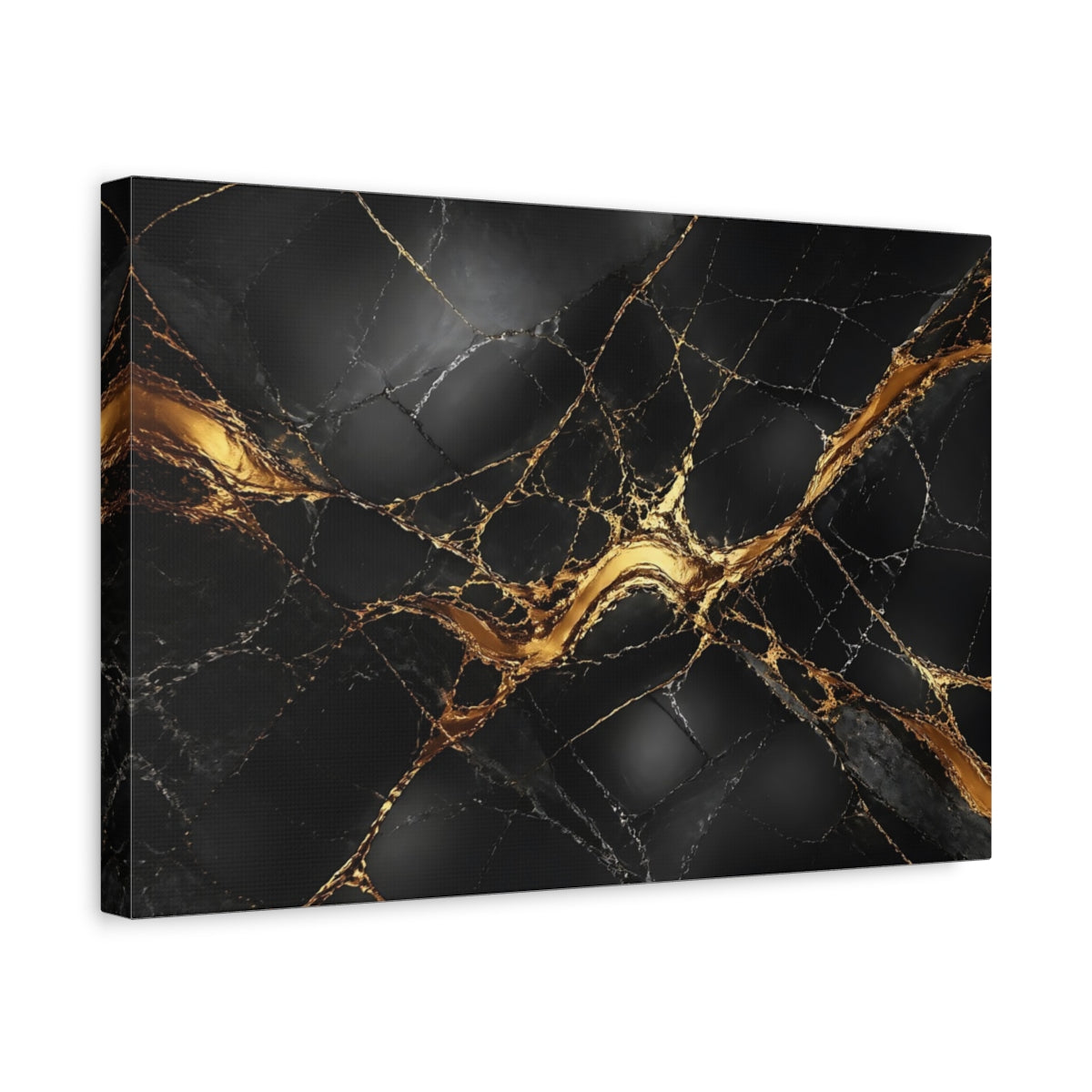 Side Mockup 4. Abstract Marble Texture Black And Gold shown as stretched canvas wall art