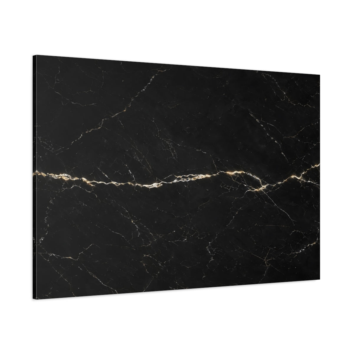 Side Mockup 1. Abstract Marble Texture Black And Gold shown as stretched canvas wall art