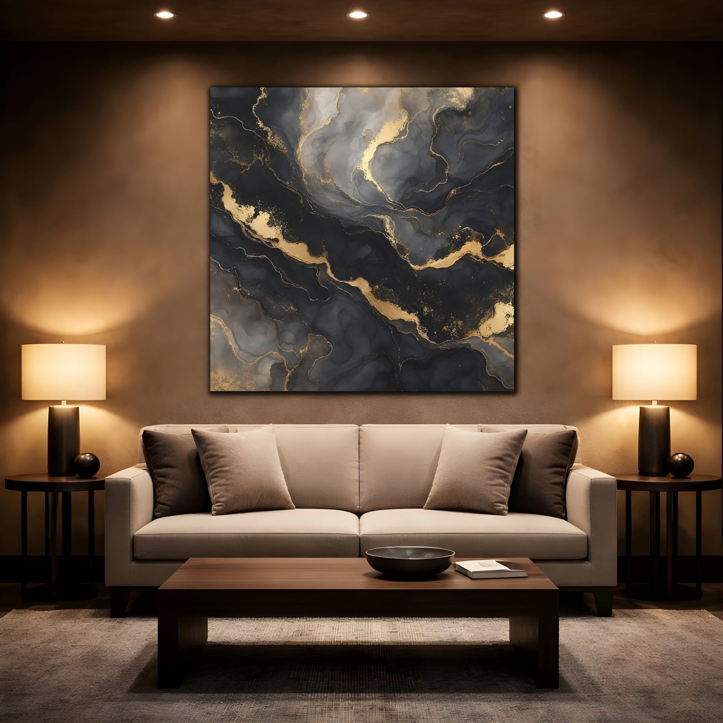 Mockup 2. Abstract Marble Texture Black And Gold Marble shown as stretched canvas wall art