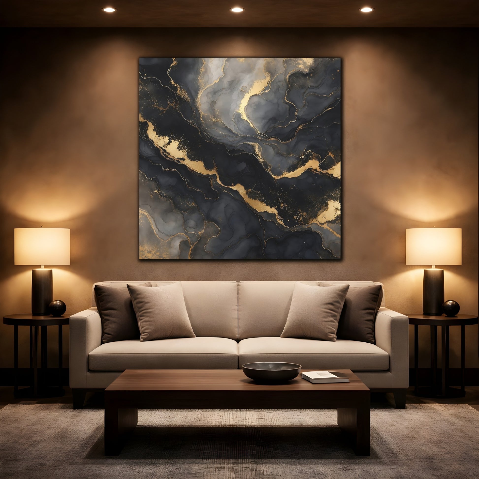 Mockup 2. Abstract Marble Texture Black And Gold Marble shown as stretched canvas wall art