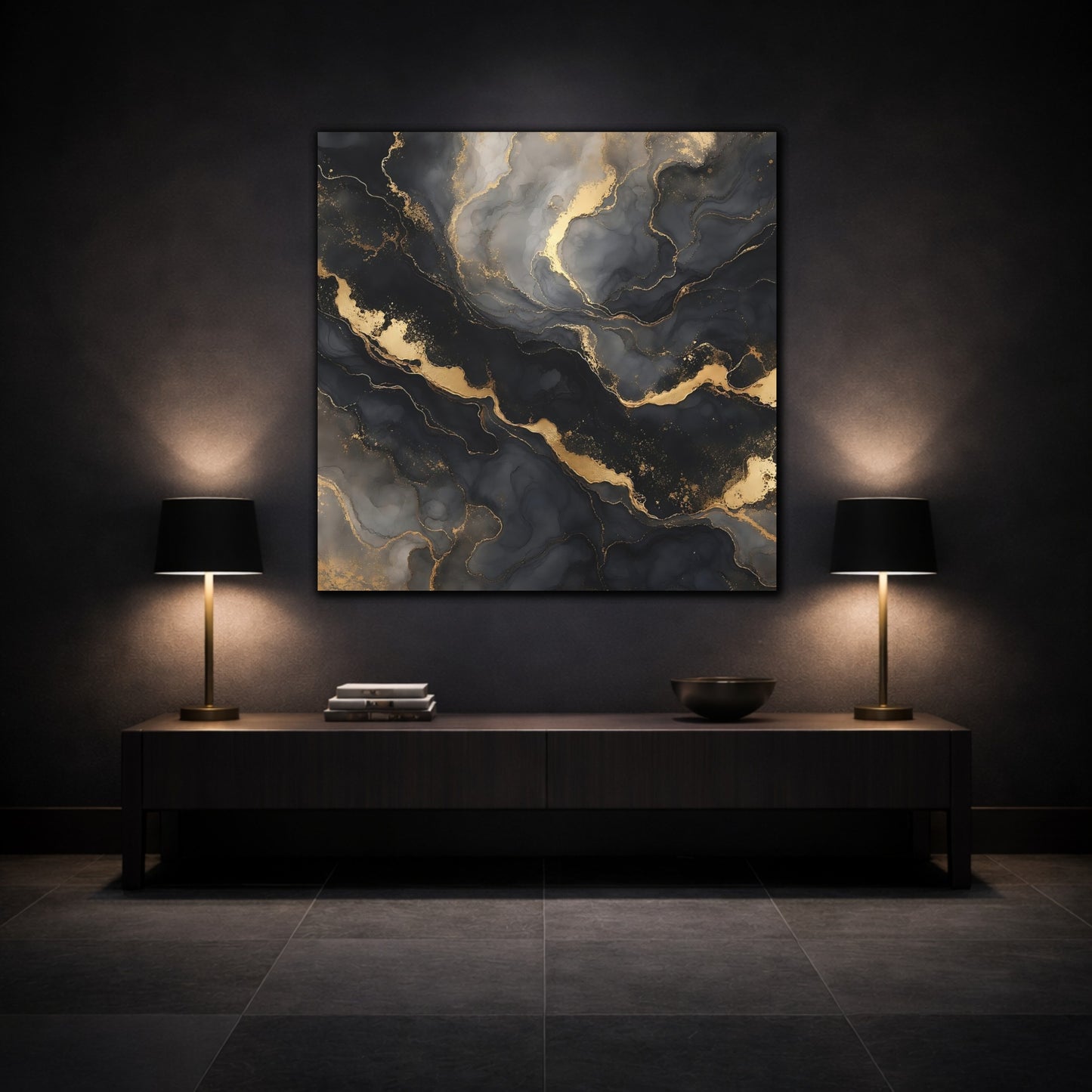 Mockup 3. Abstract Marble Texture Black And Gold Marble shown as stretched canvas wall art