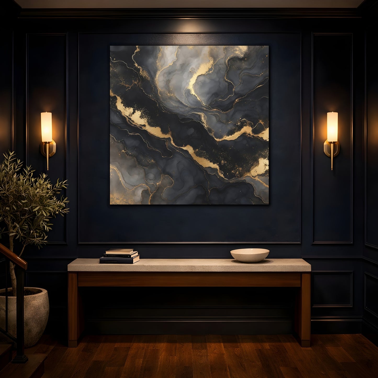 Mockup 4. Abstract Marble Texture Black And Gold Marble shown as stretched canvas wall art